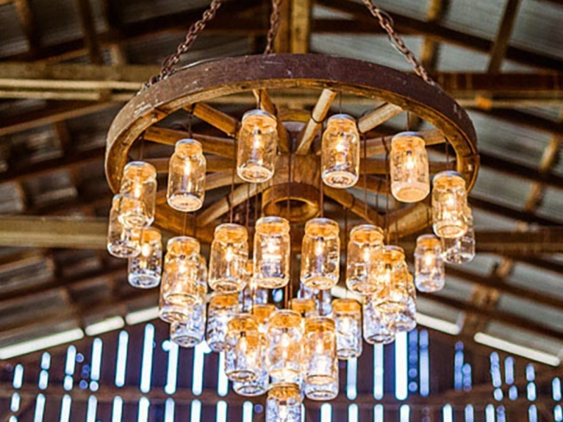 Chandelier, Mason Jar Shades, Weathered Brown Wood, Tiered Glass Light