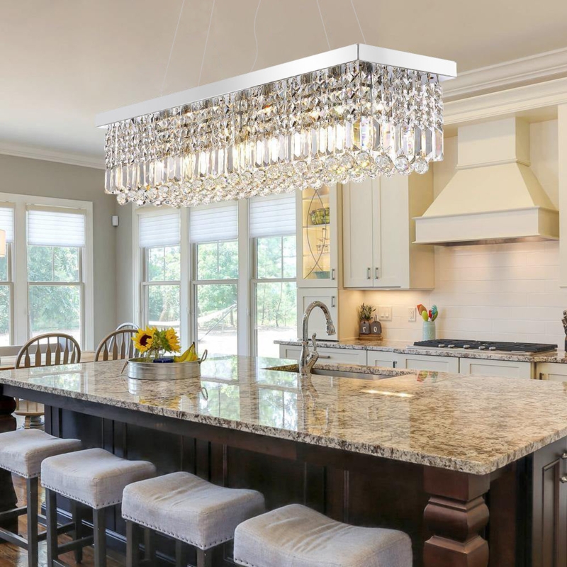 Chandelier, Multi-Tier Glass Raindrops, Rectangular Chrome, Adjustable