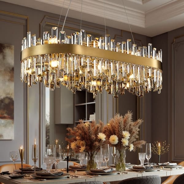 Chandelier, Oval Brass Band, Staggered Crystal Lengths, 16-Light Glam