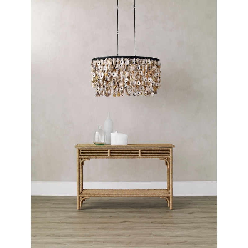 Chandelier Oval Oyster Shell Layered Blacksmith Finish Dual Rod Suspension