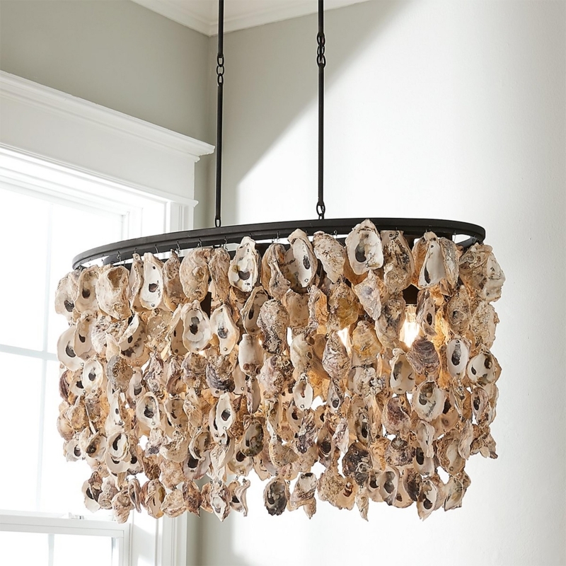 Chandelier Oval Oyster Shell Strands Twin Rod Suspension Matte Black