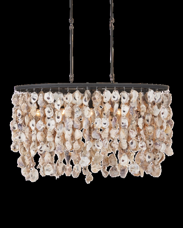 Chandelier Oval Oyster Shell Tiered Strands Charcoal Metal Beach House