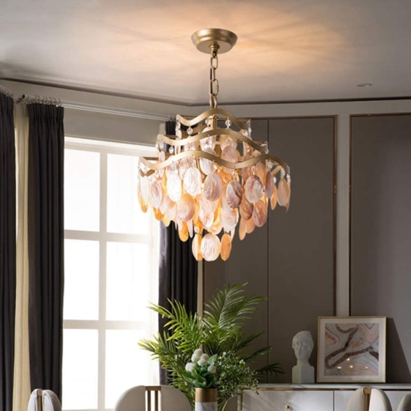 Chandelier Pink Oyster Shell Wavy Frame Brushed Gold Coastal Glam