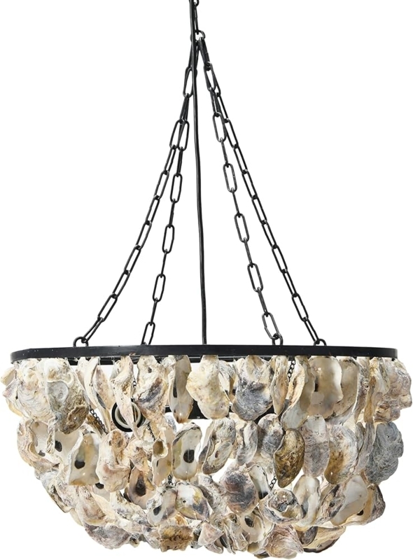 Chandelier Round Oyster Shell Two-Light Sockets Matte Black Frame