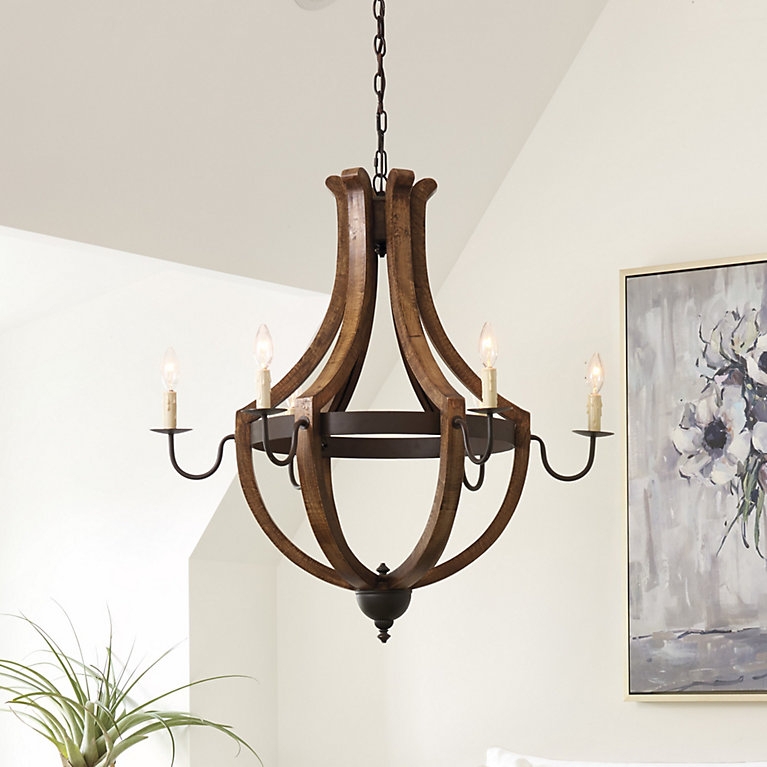 Chandelier Rustic Wood Slat Curved Frame Open Cage Mediterranean