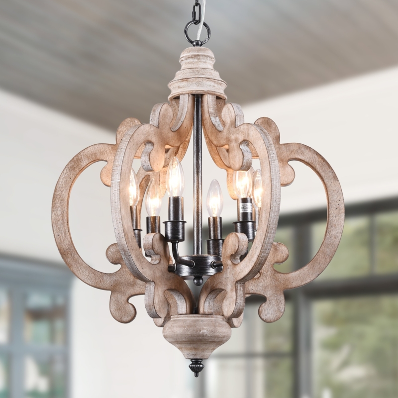 Chandelier, Scrollwork Frame, Distressed Whitewash, 6-Light Candle Array.