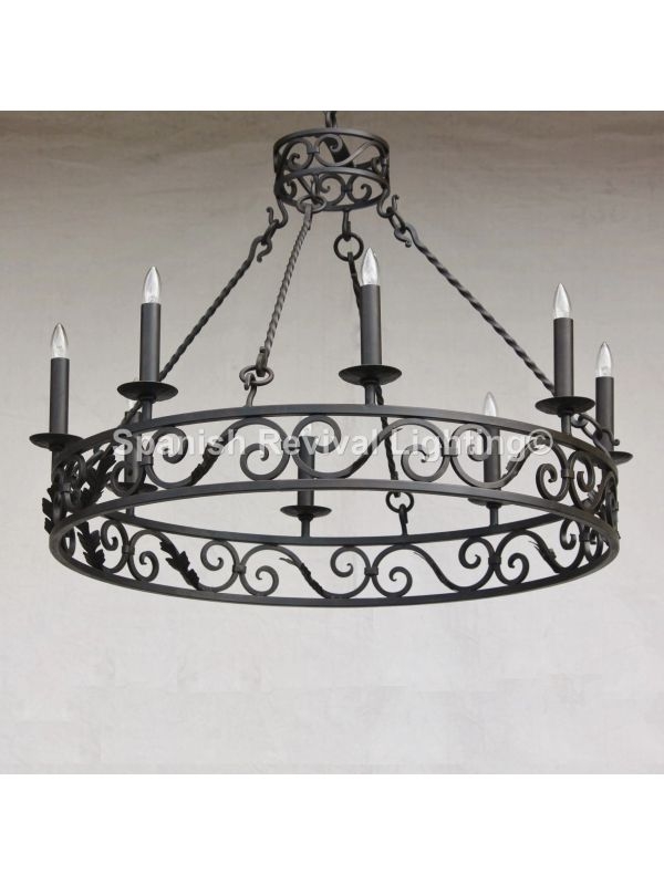 Chandelier Spanish Revival Double Hoop Frame Leaf Accents Matte Black