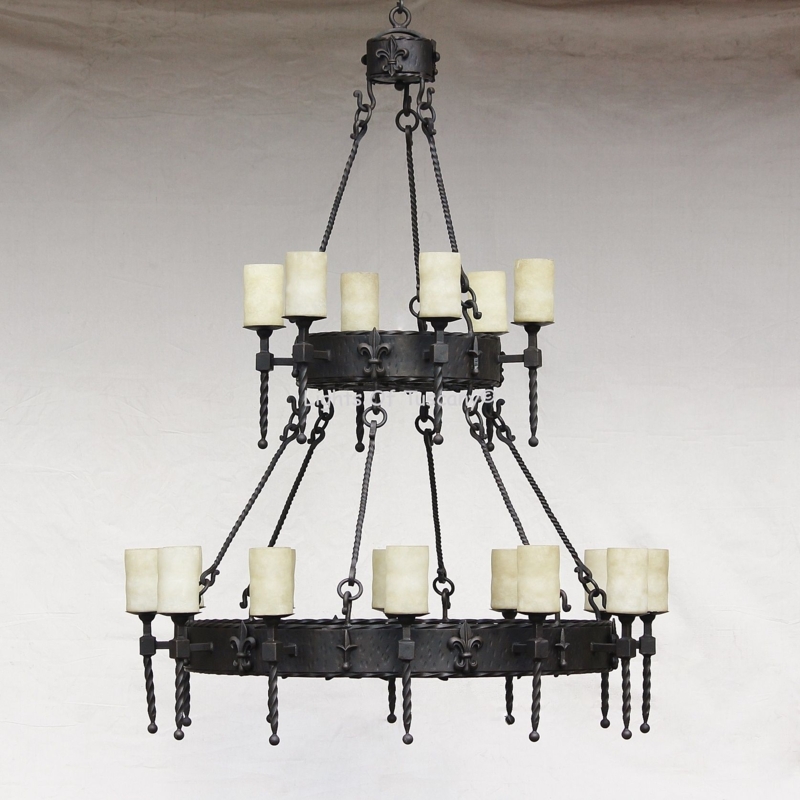 Chandelier Spanish Wrought Iron Two Tier 18-Light Fleur-de-lis