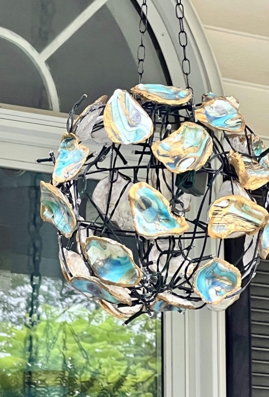 Chandelier Spherical Oyster Shell Gold Rimmed Wire Cage Twinkle Lights