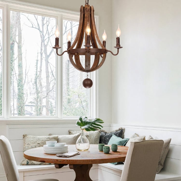 Chandelier, Teardrop Silhouette, Curved Wood Slats, 5-Light Candle.