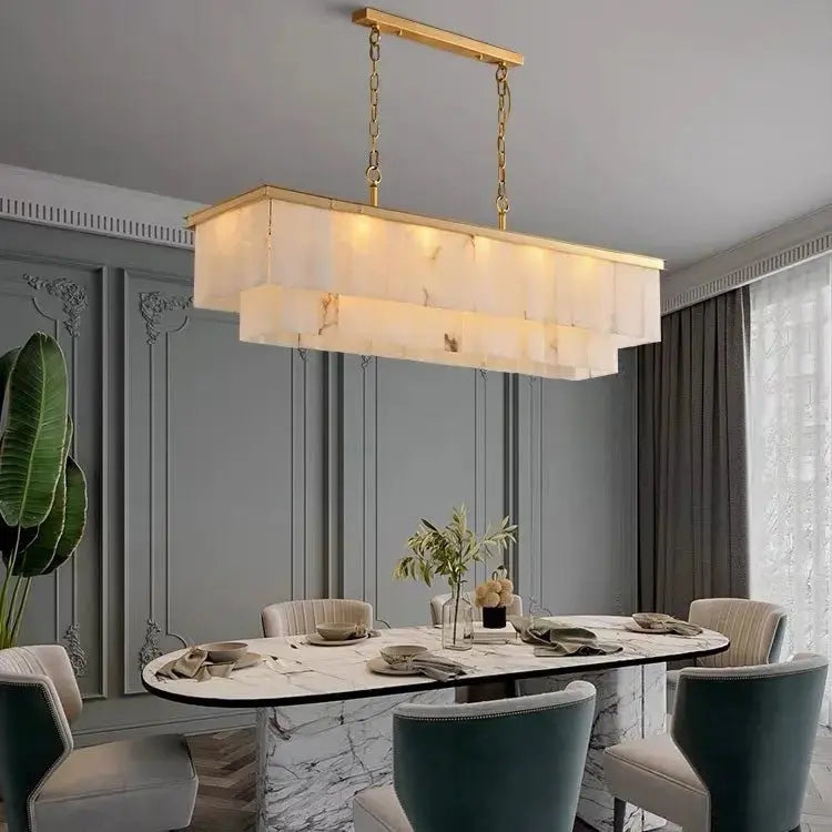 Chandelier, Tiered Alabaster Panels, Linear Brass Frame, Diffused Light