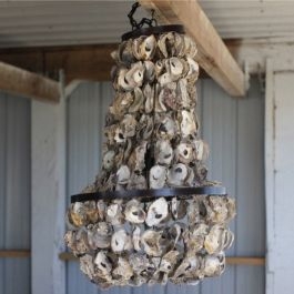 Chandelier Tiered Bell Oyster Shell Metal Banding Coastal Farmhouse