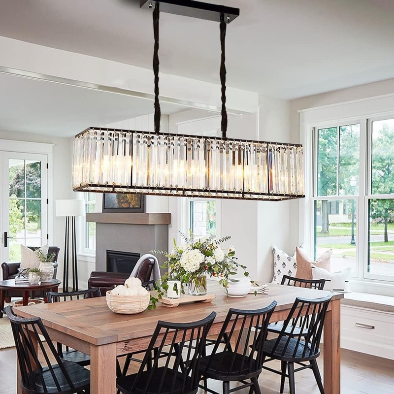 Chandelier, Tiered Glass Prisms, Rectangular Pendant, Matte Black Frame
