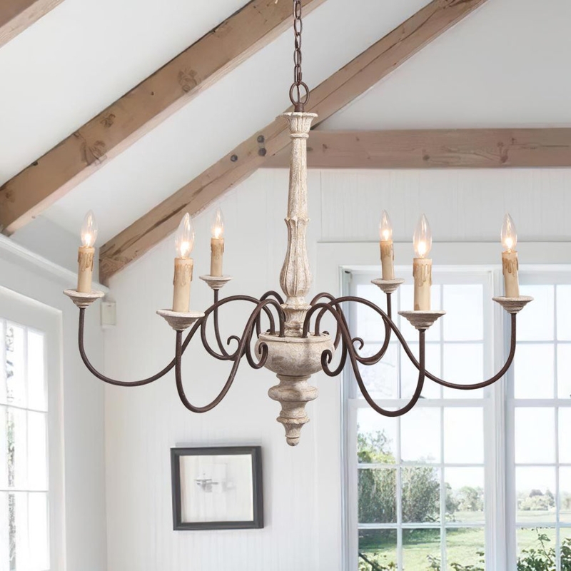 Chandelier, Turned Wood Center, Drip Candle Sleeves, 6-Light Anchor.