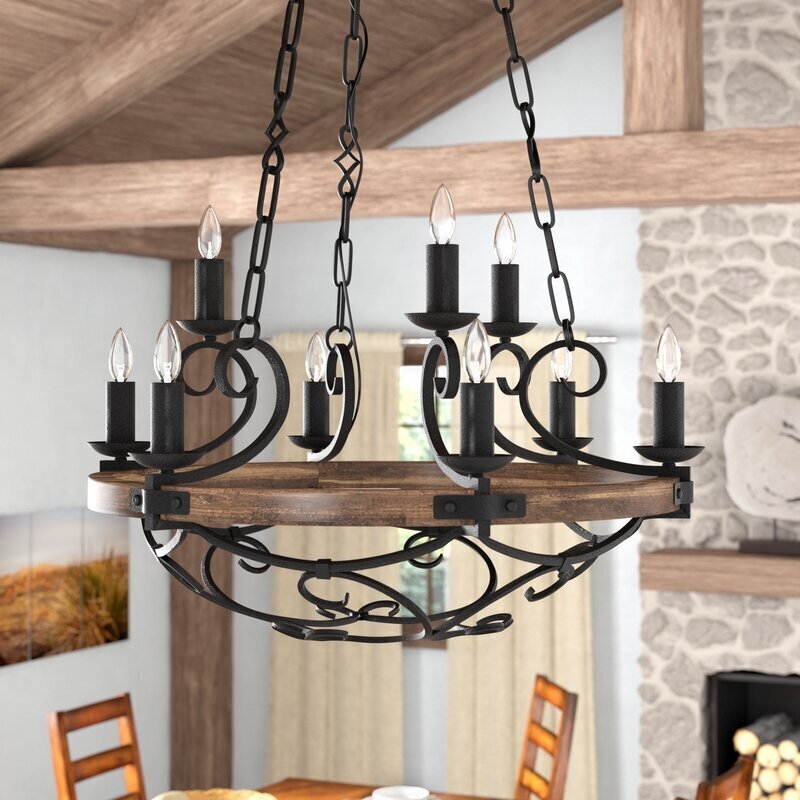 Chandelier Tuscan Wagon Wheel Rustic Wood and Metal Scrollwork