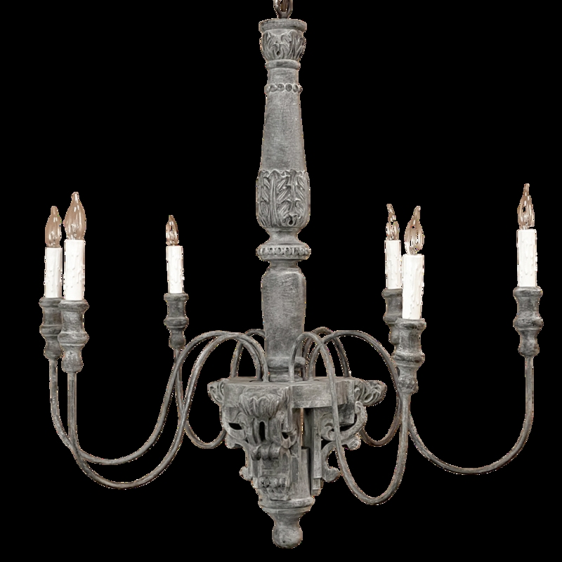 Chandelier Tuscan Wood Hand Painted Weathered Grey Acanthus Leaf