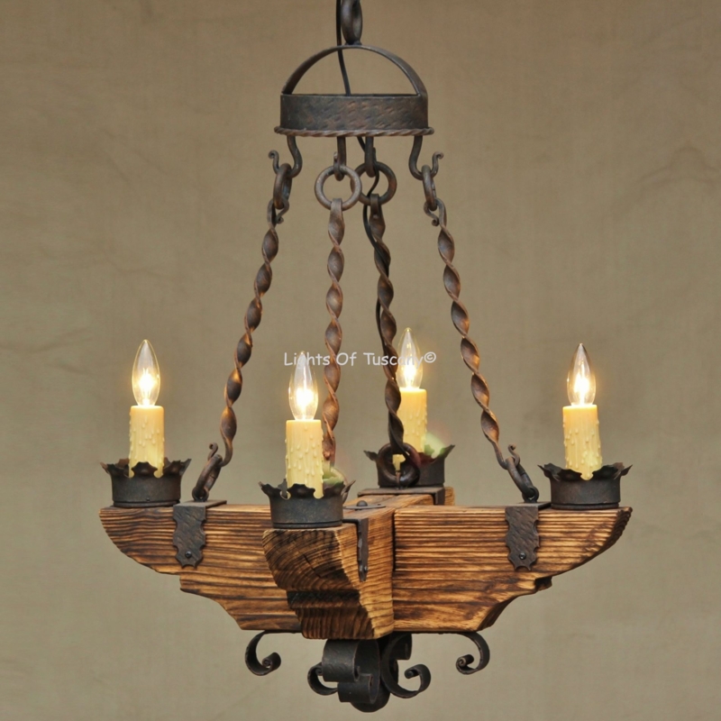 Chandelier, Twisted Metal Support Rods, Hammered Accents, 4-Light.