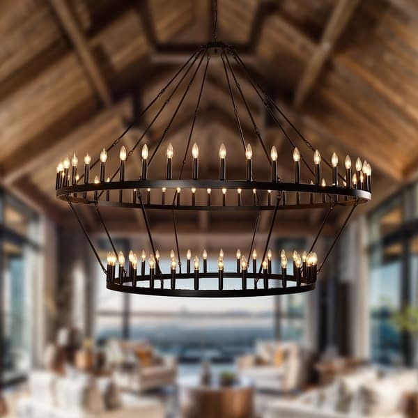 Chandelier, Two Tiers, Eighty Lights, Matte Black Farmhouse Fixture