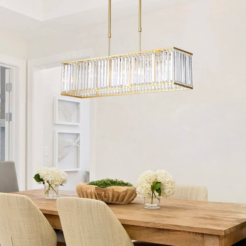 Chandelier, Vertical Crystal Rods, Gold Frame, Linear Prism Pendant