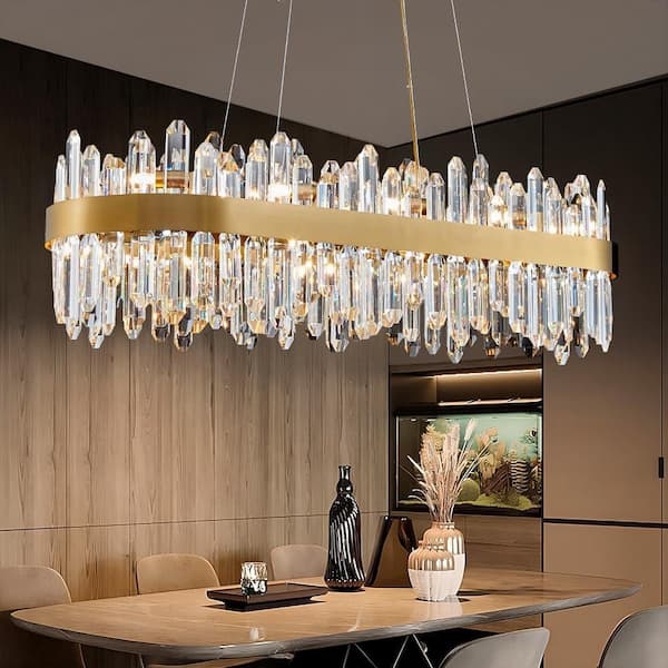 Chandelier, Vertical K9 Crystal Prisms, Brushed Gold Band, 16-Light