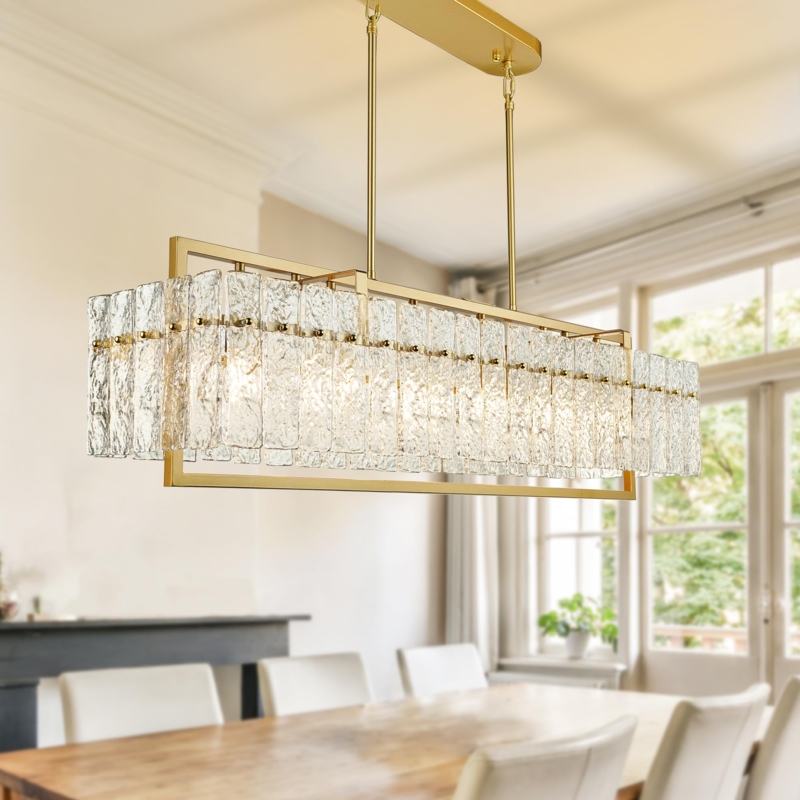 Chandelier, Water Ripple Glass Panels, Linear Gold Frame, Dual Rod