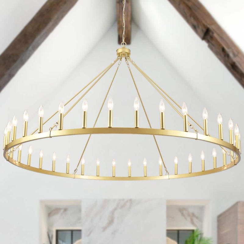 Chandelier with 36 Lights, Gold Metallic Finish, Large Foyer Pendant