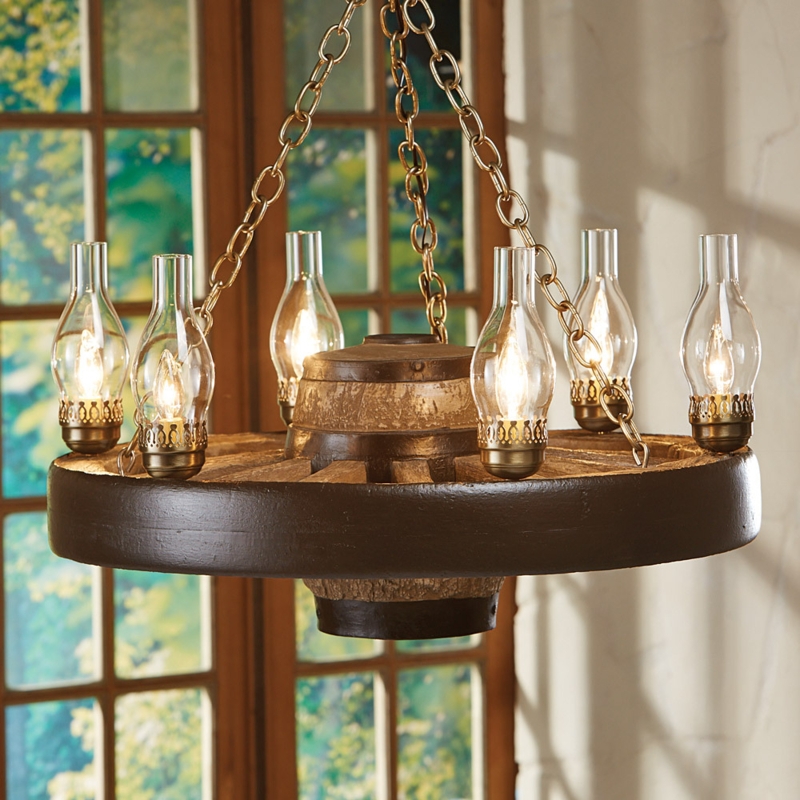 Chandelier with Chimney Glass Shades, Antique Gold Chains, Rustic Lodge Style