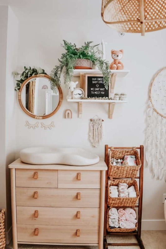 Changing Dresser, Light Wood, Leather Strap Pulls, Boho Nursery Style