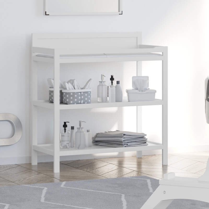 Changing Table, Crisp White Wood, Open Shelving, Slatted Sides, Modern