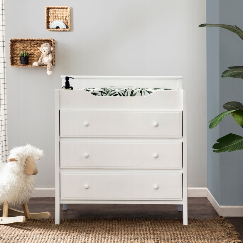 Changing Table Dresser, Matte White, Scalloped Topper, Three Drawers