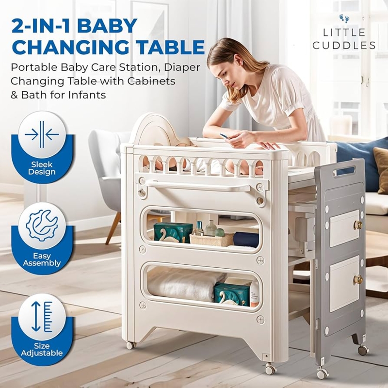 Changing Table, Off-White Plastic, Side Cabinet Doors, Gold Knobs, Mobile