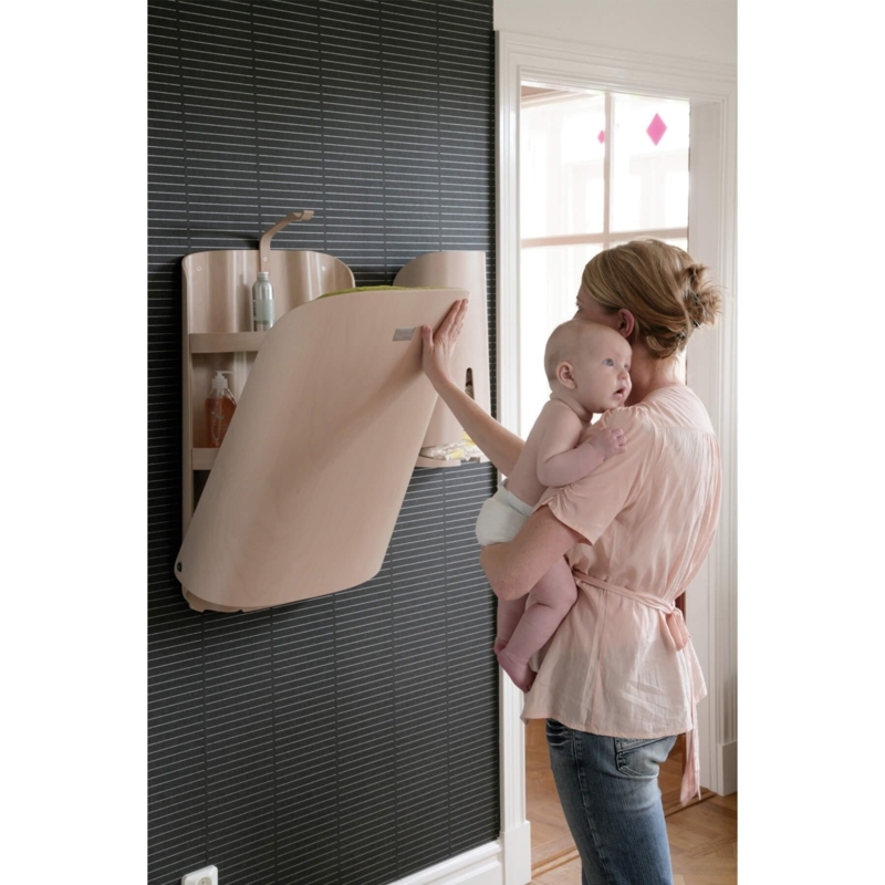 Changing Table, Wall Mounted, Blonde Wood Curved Panel, Folding Design
