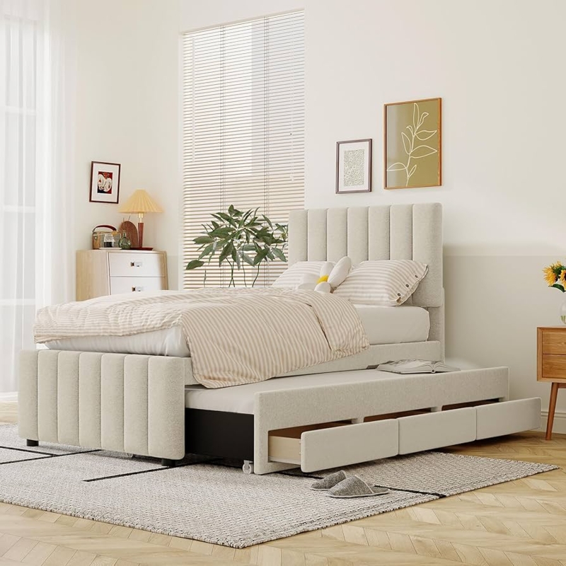 Channel Tufted Storage Bed in Warm Beige Upholstery