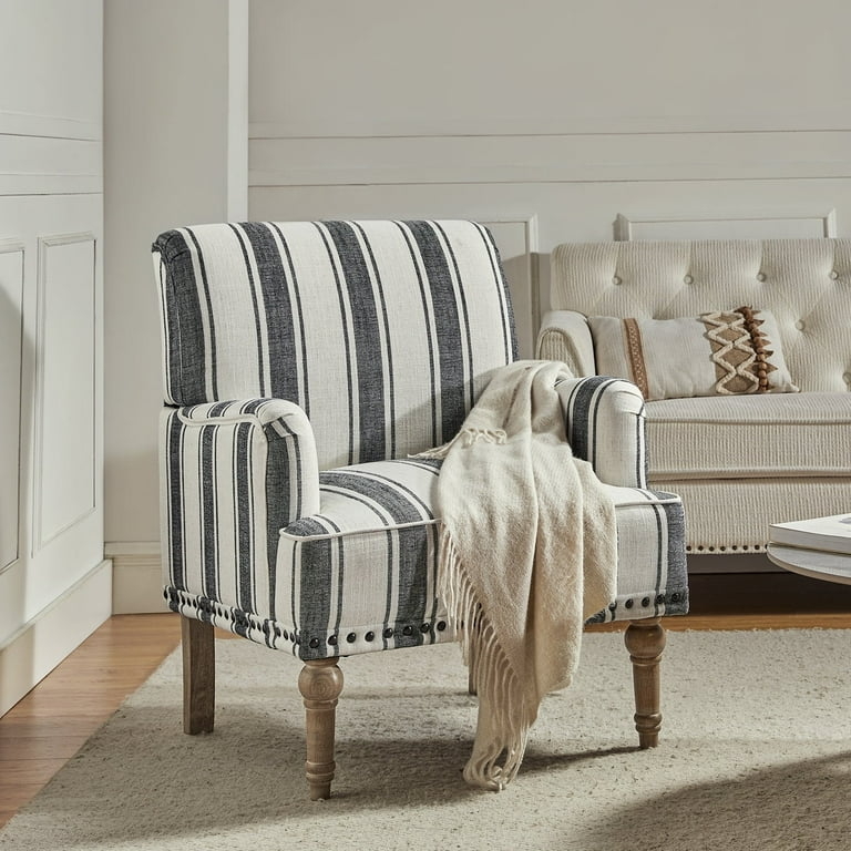 Charcoal Black Ticking Stripe Accent Chair, Nailhead Trim, Turned Legs