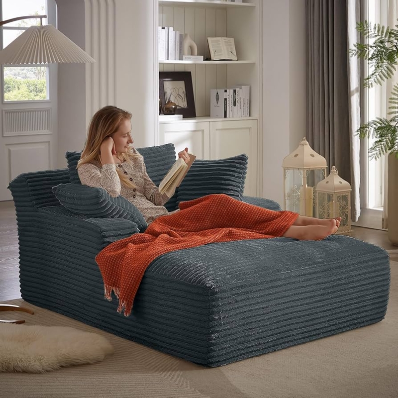Charcoal Chaise Lounge Corduroy Blocky Silhouette Legless Floor Daybed