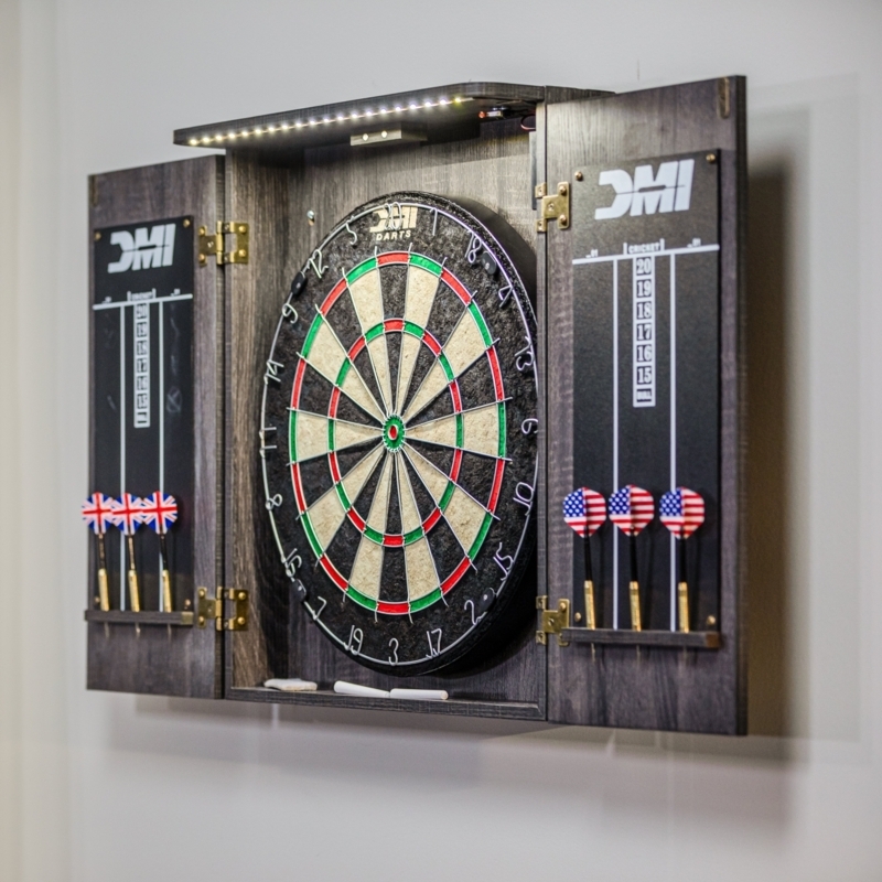 Charcoal Dartboard Cabinet with Integrated LED Lighting and Darts