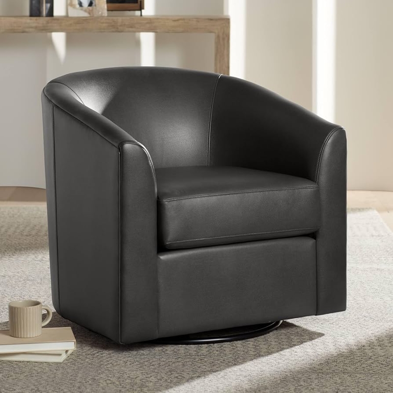 Charcoal Gray Barrel Chair Faux Leather Swivel Low Profile Contemporary
