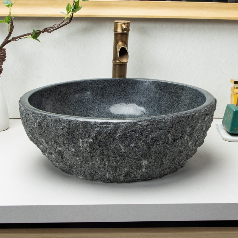 Charcoal Gray Hand Carved Stone Sink with Chiseled Exterior Texture