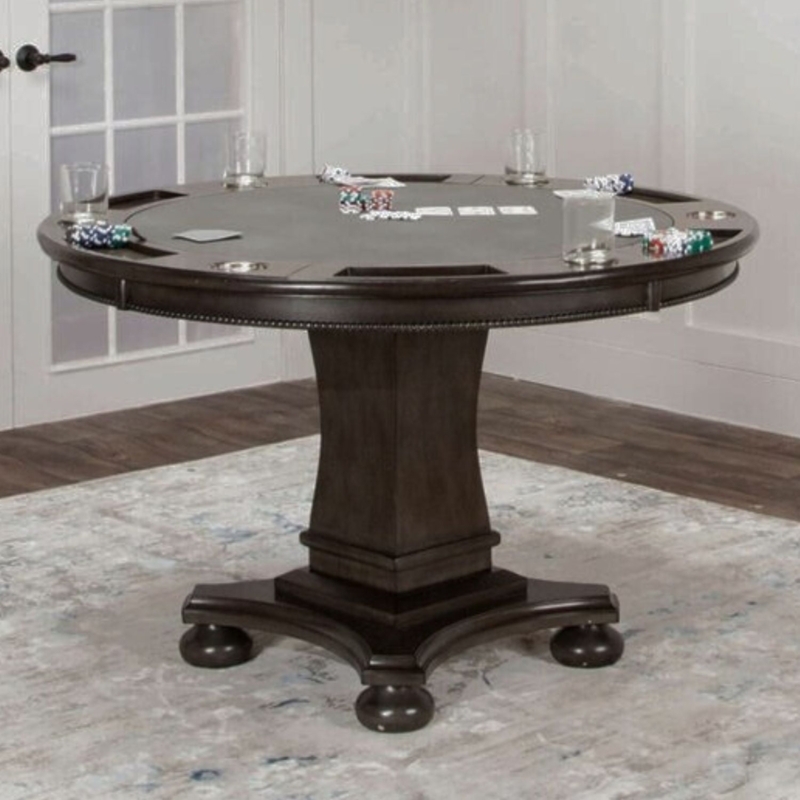 Charcoal Gray Poker Table with Pedestal Base and Bun Feet Details