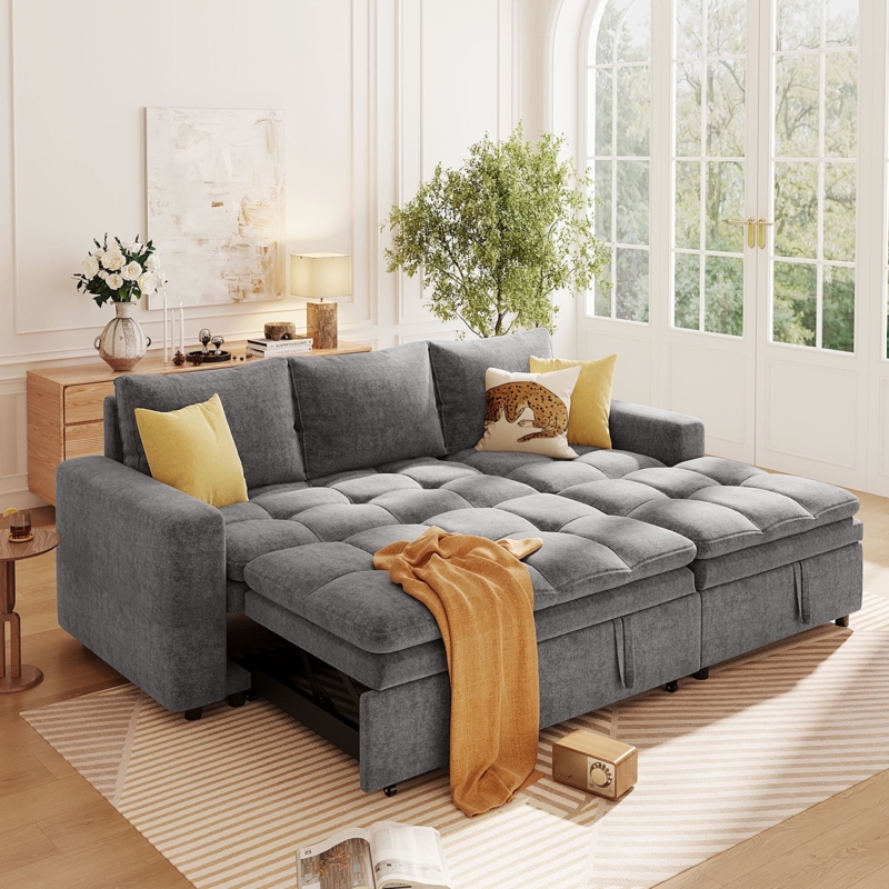 Charcoal Gray Sleeper Sectional with Tufted Seat Cushions
