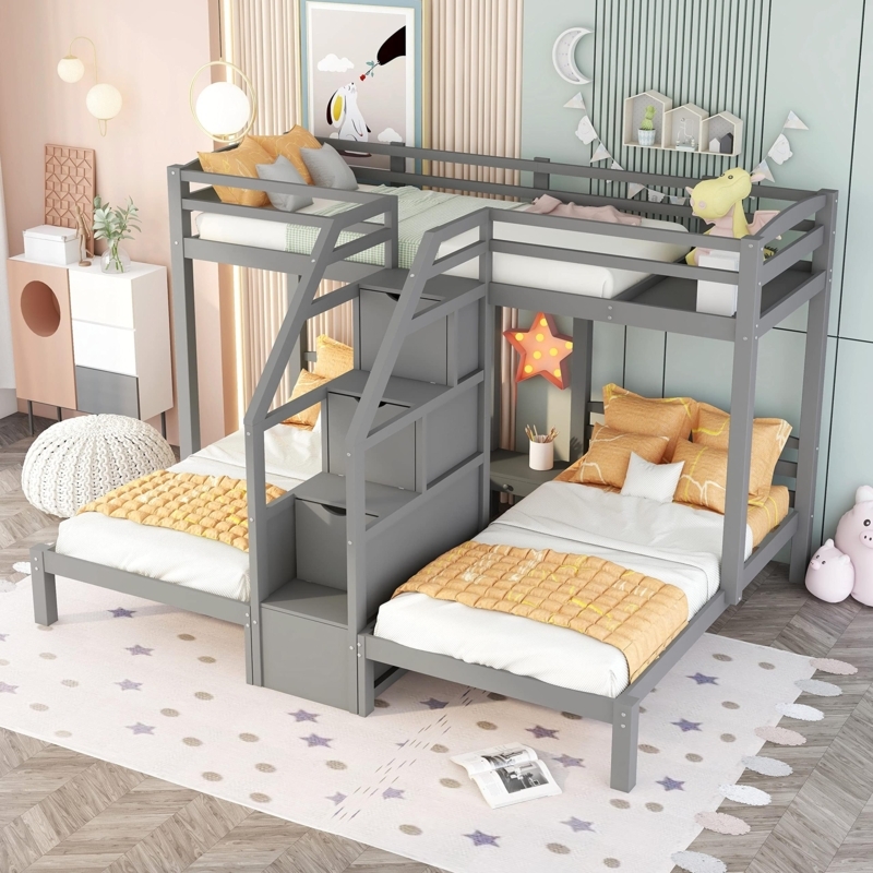 Charcoal Gray Triple Bunk Bed, Integrated Staircase, Storage Drawers