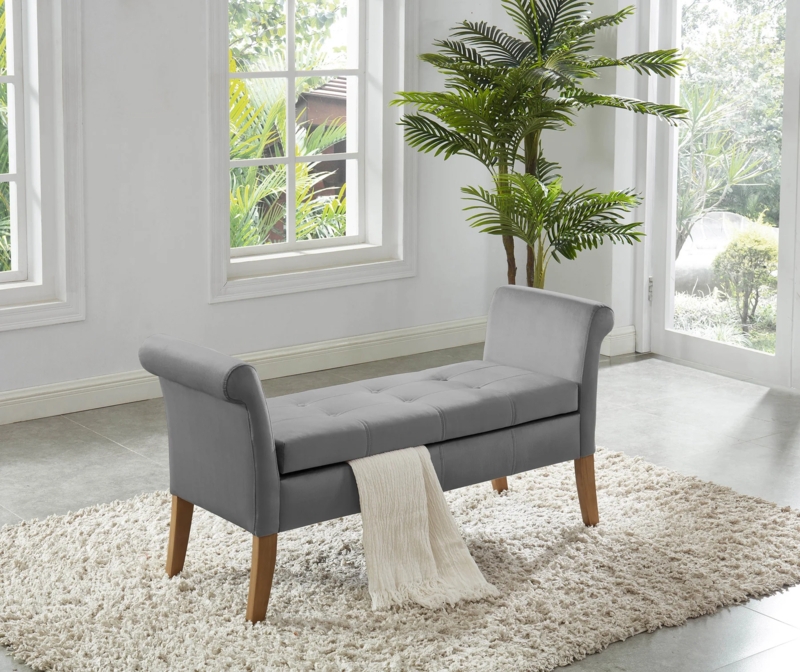 Charcoal Gray Velvet Storage Bench with Rolled Arms and Tufted Seat