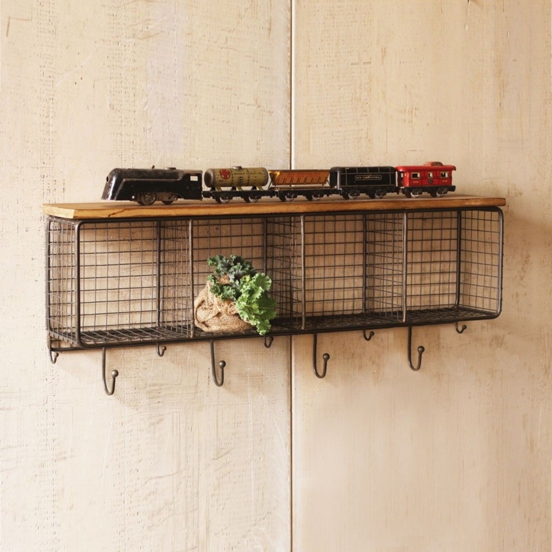 Charcoal Gray Wall Organizer with Wire Basket Compartments and Hooks
