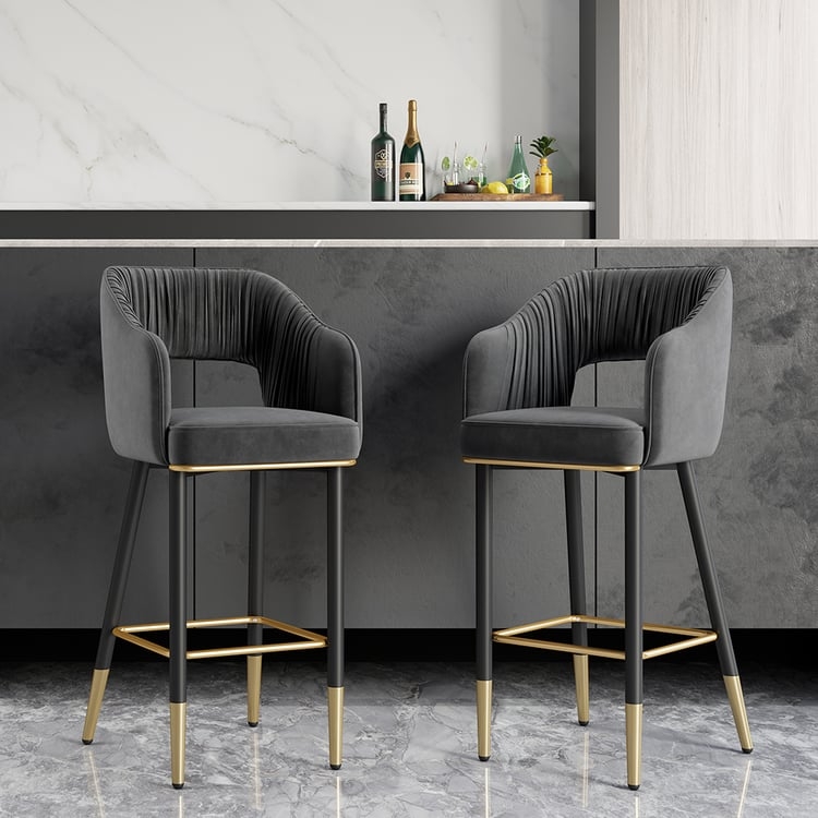 Charcoal Grey Bar Stool with Ruched Back and Gold Capped Feet