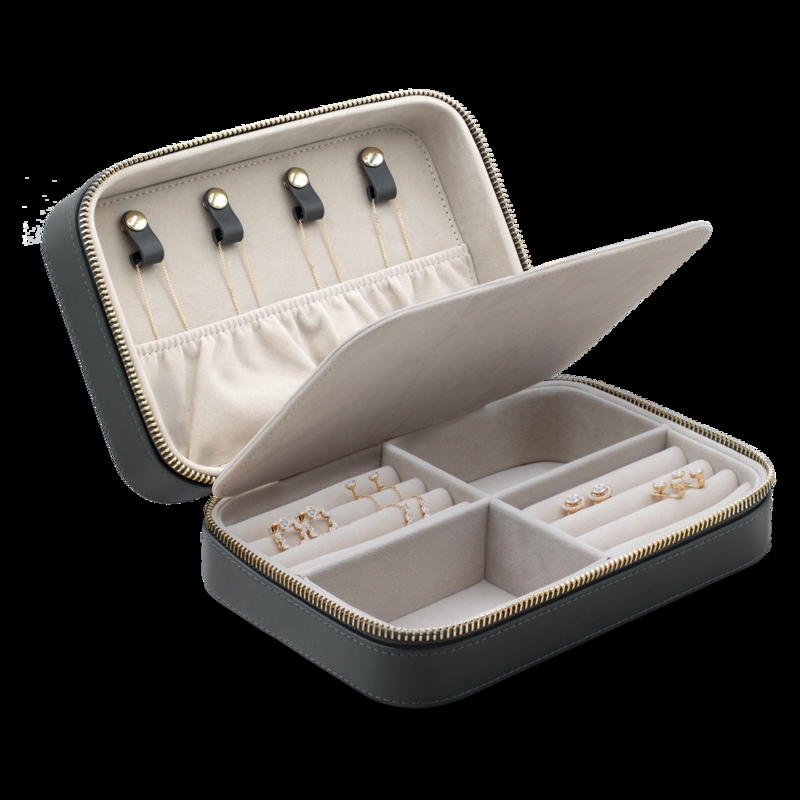 Charcoal Grey Jewelry Case, Matte Finish with Brushed Gold Zipper