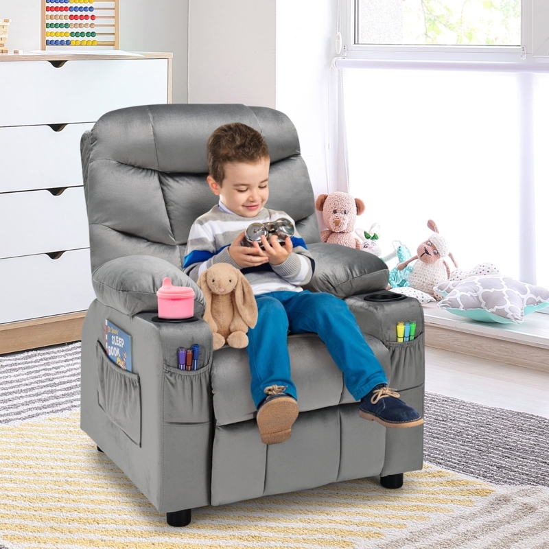 Charcoal Grey Kids Recliner: Velvet Texture with Storage