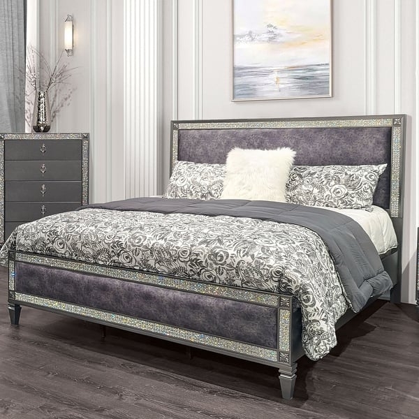 Charcoal Grey Panel Bed: Velvet-like Fabric with Crystal Inlay Trim