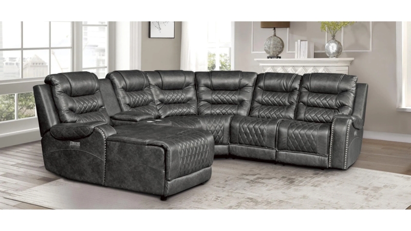 Charcoal Grey Power Reclining Sectional Diamond Quilting Nailhead