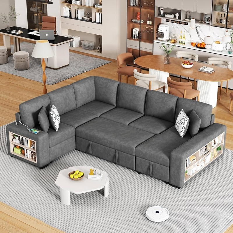 Charcoal Grey Sectional Sofa with Armrest Shelving and Pull-Out Sleeper