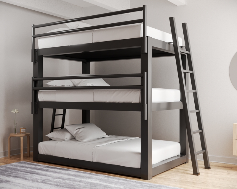 Charcoal Grey Triple Bunk Bed Heavy Duty Metal Stacked Frame